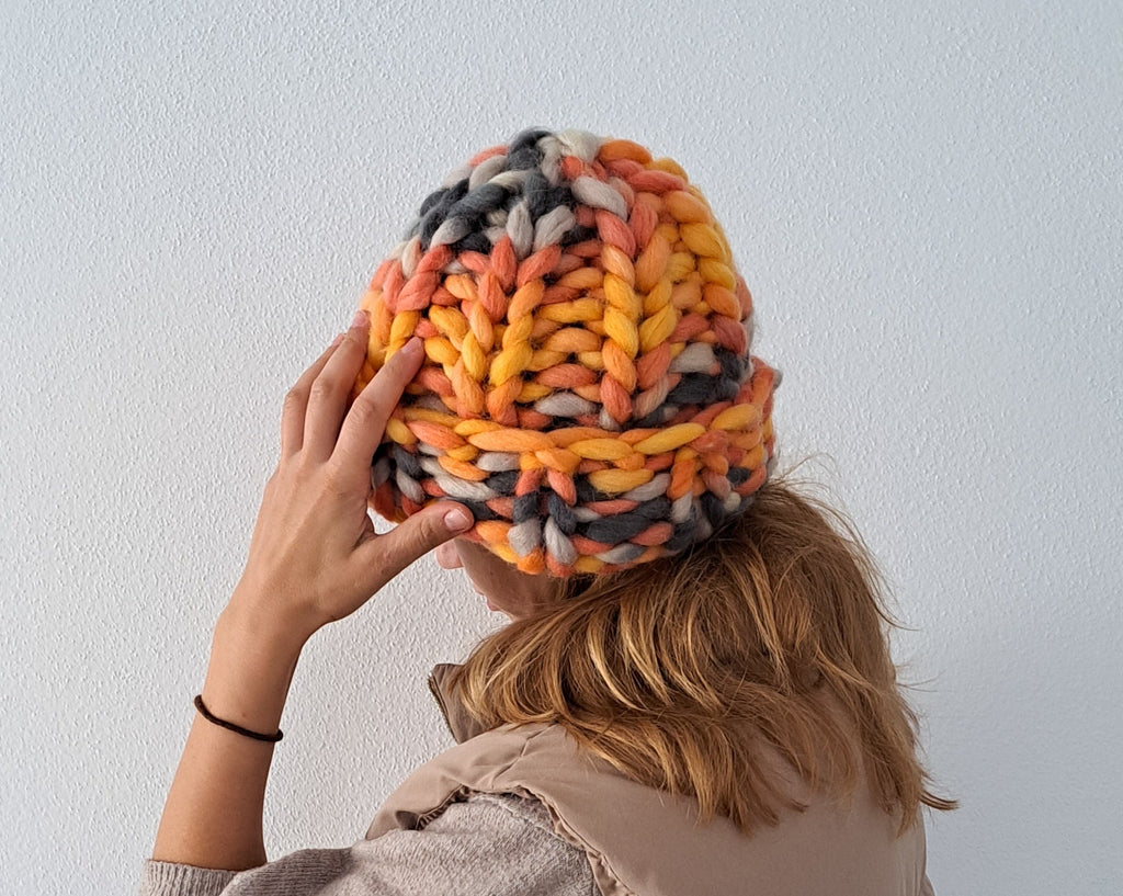 Women Chunky Knit Beanie, Rainbow Wool Winter Knit Hat