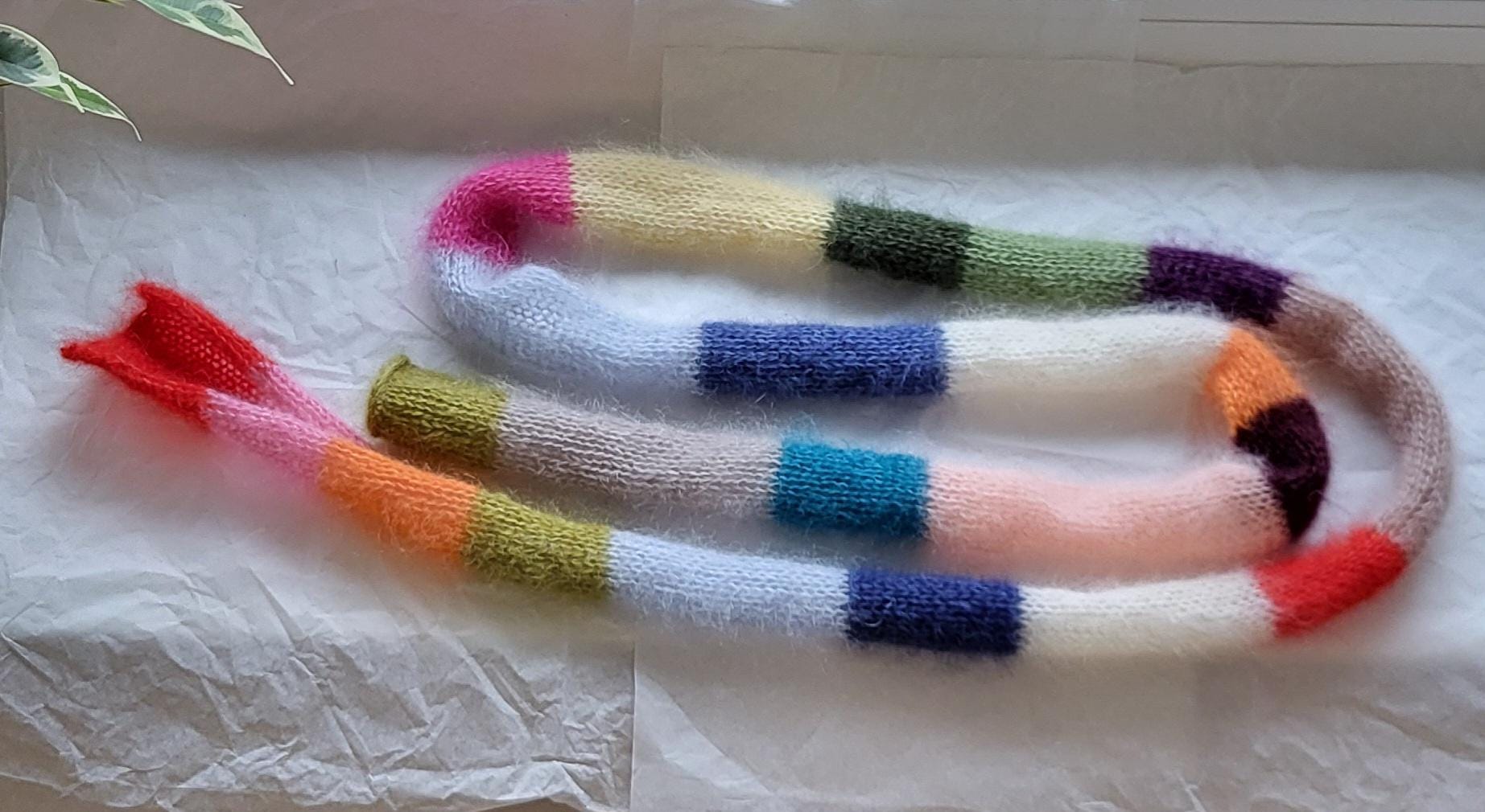 Mohair Silk Mini Scarf, Skinny Multicolored Striped Neck Scarf