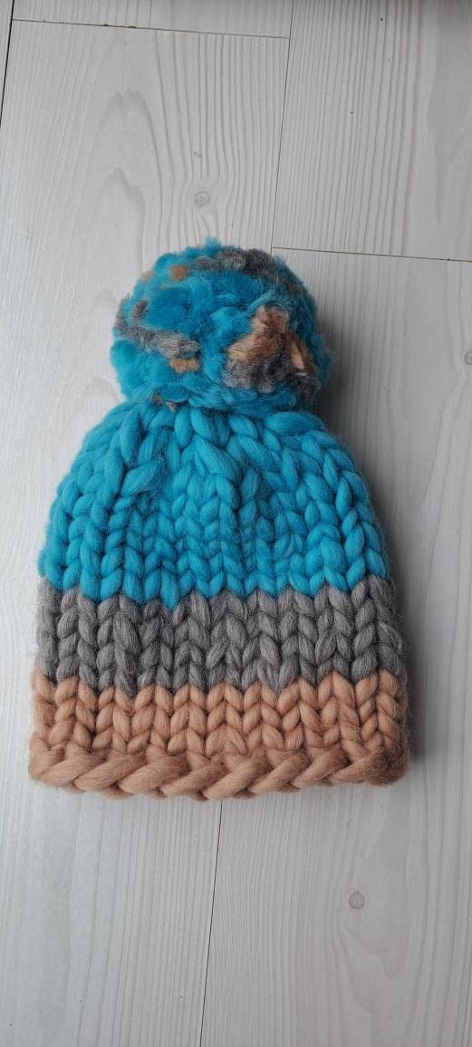 Hand Knitted Merino Wool Kids Pom-Pom Hat (3-10 Years)