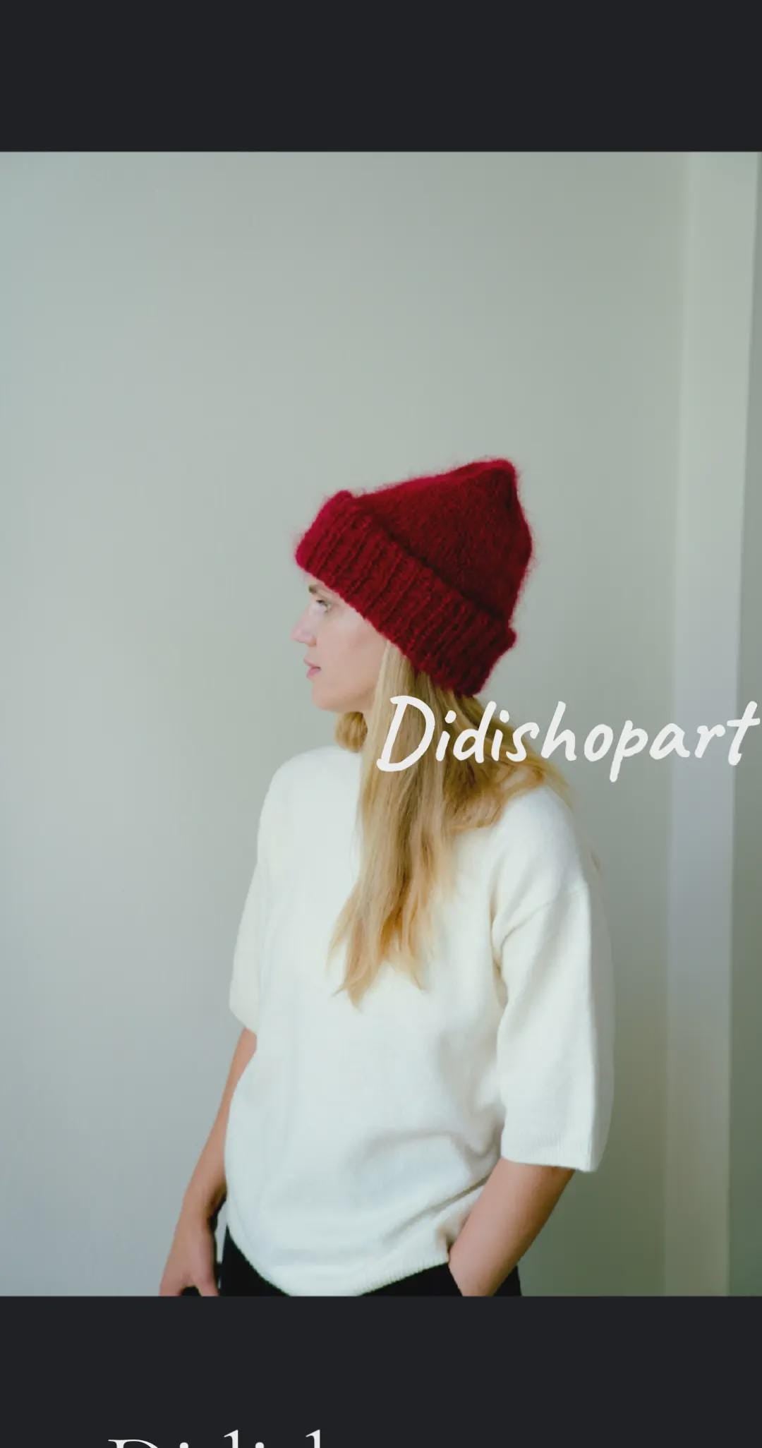 Chunky Mohair Knit Beanie: Fluffy Unisex Winter Hat.Mohair mittens.
