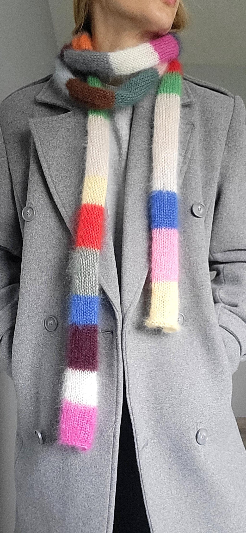 Mohair Silk Skinny Scarf, Multicolored Striped Neck Warmer