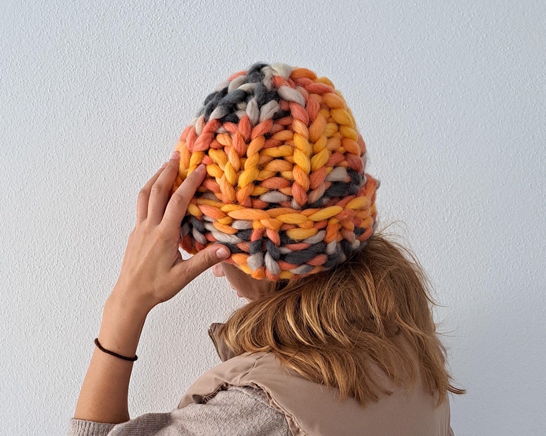 Women Chunky Knit Beanie, Rainbow Wool Winter Knit Hat