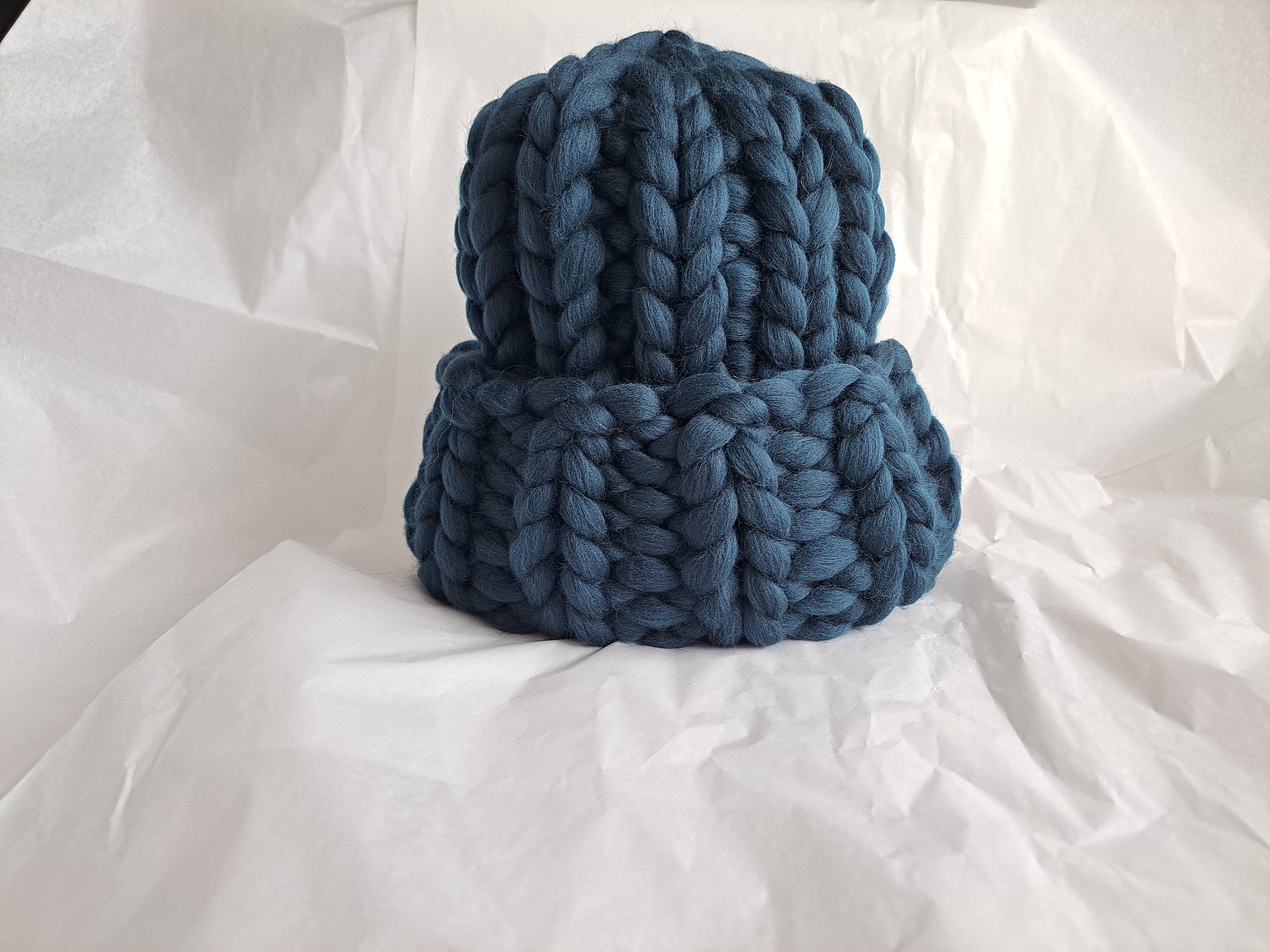 Women's Merino Wool Chunky Knit Beanie: Dark Blue Pom Pom Hat