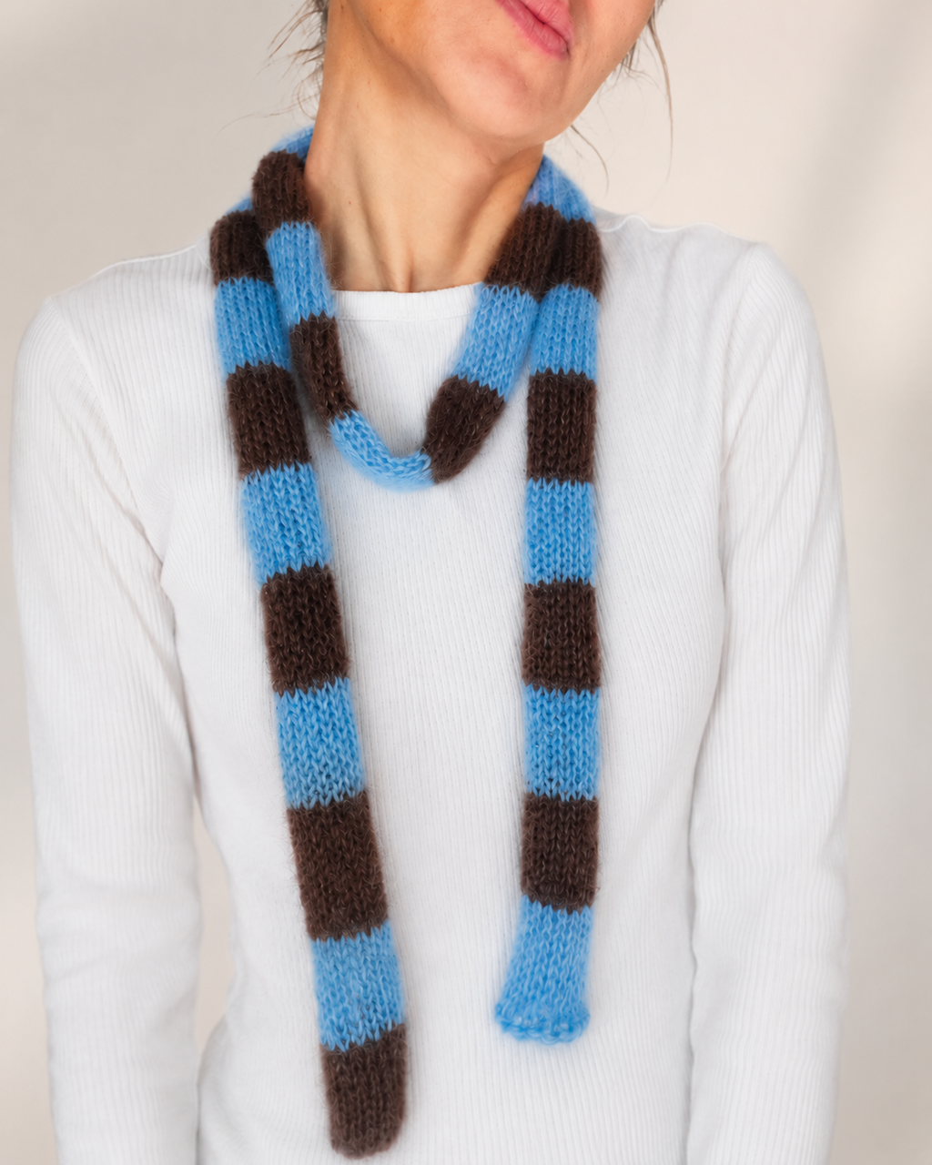 Mohair Silk Mini Scarf – Blue Brown Stripes