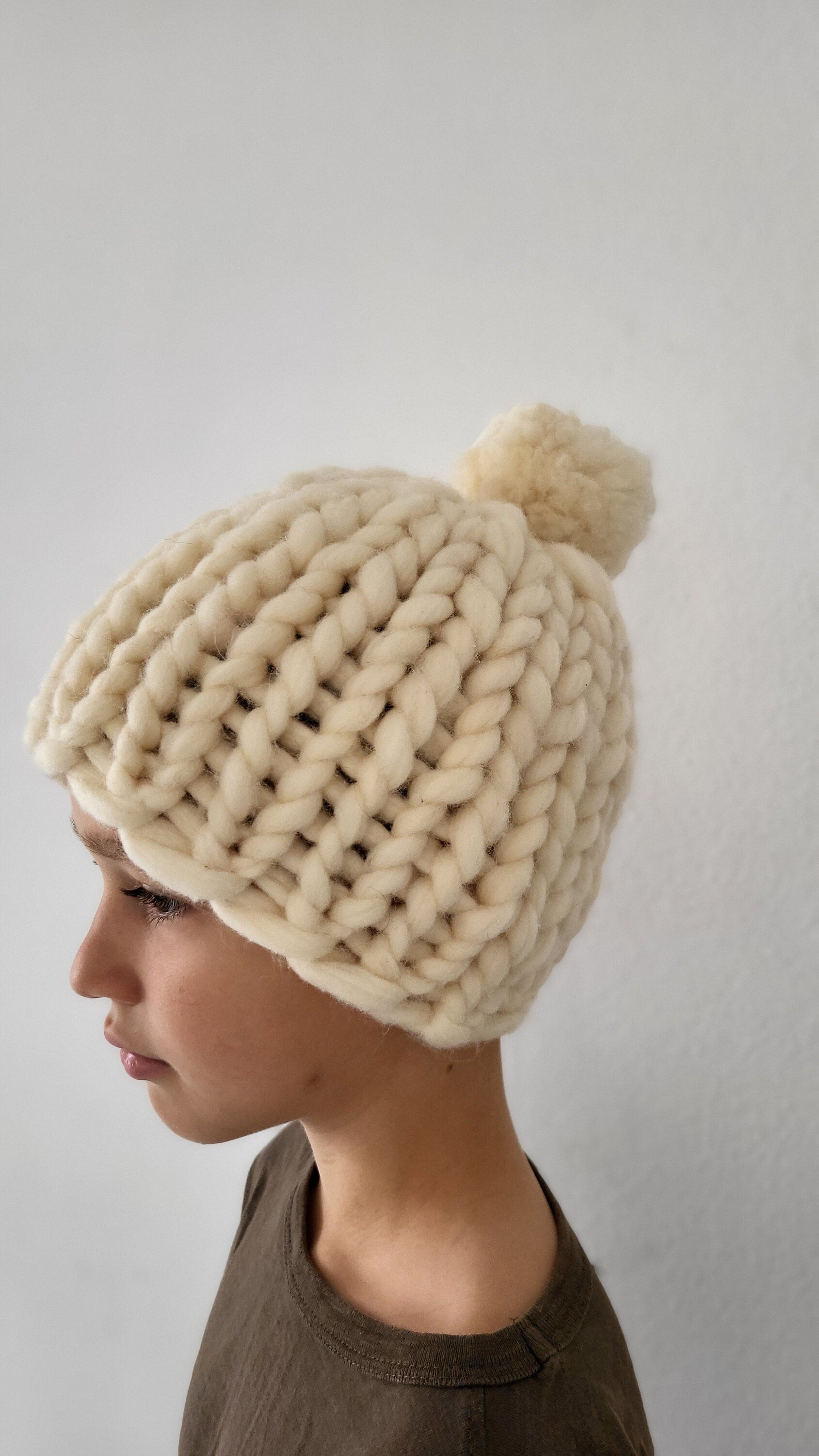 Hand Knitted Merino Wool Kids Pom-Pom Hat (3-10 Years)