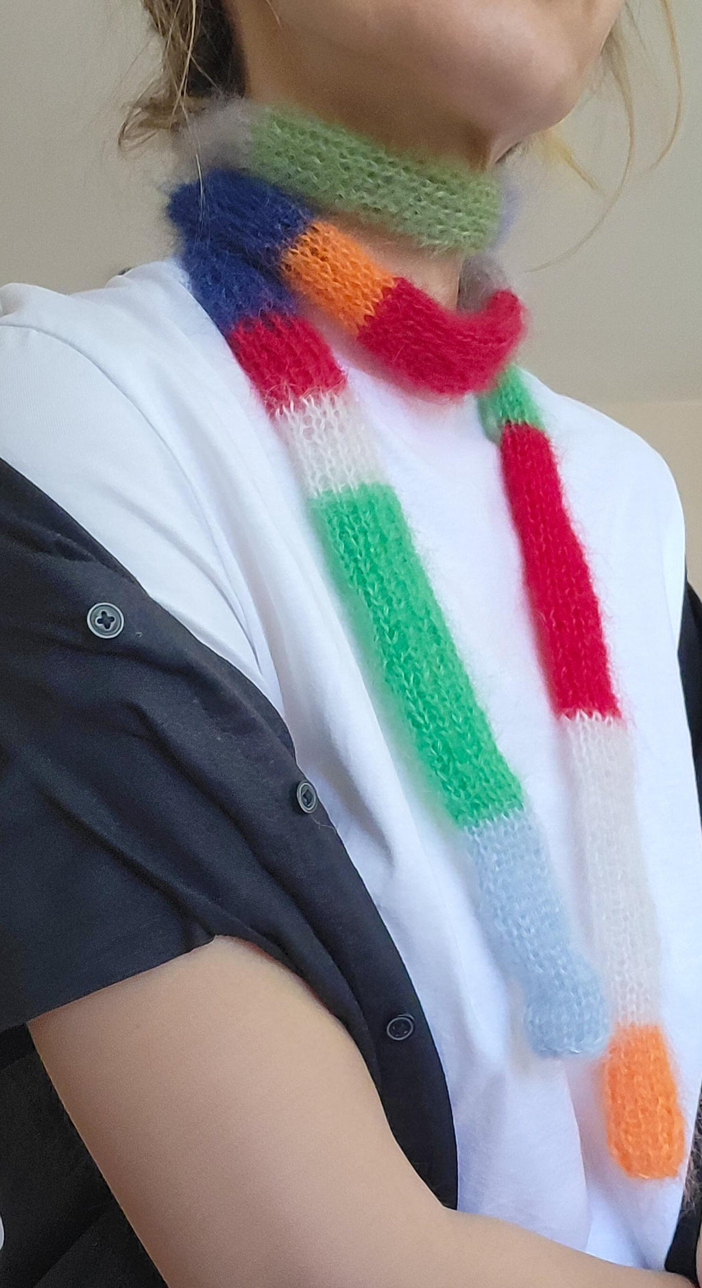 Mini Mohair Silk Scarf: Skinny Multicolored Striped Neck Scarf