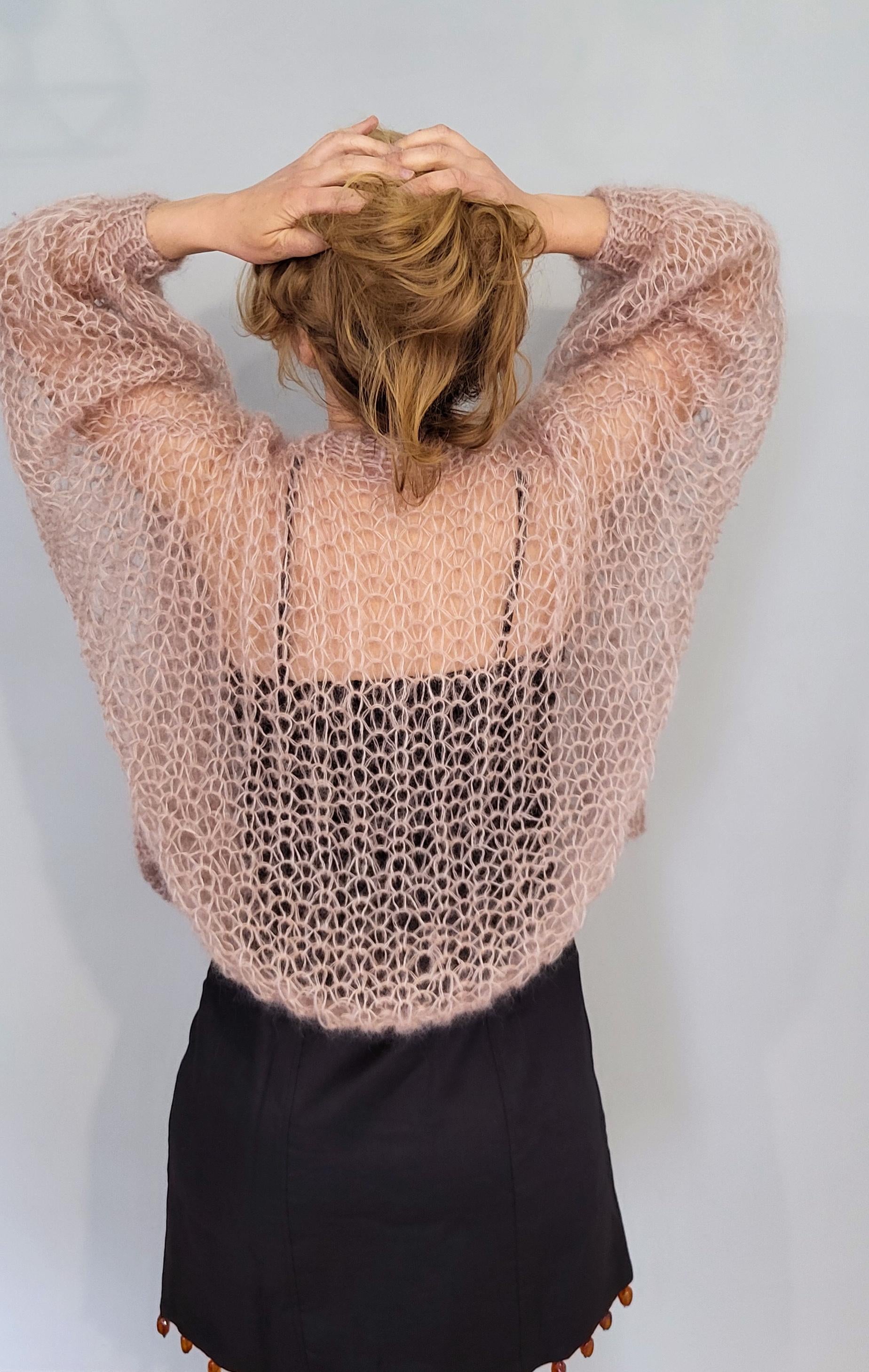 Hand Knit Mohair Silk Crop Cardigan, Elegant Evening Bolero Shrug