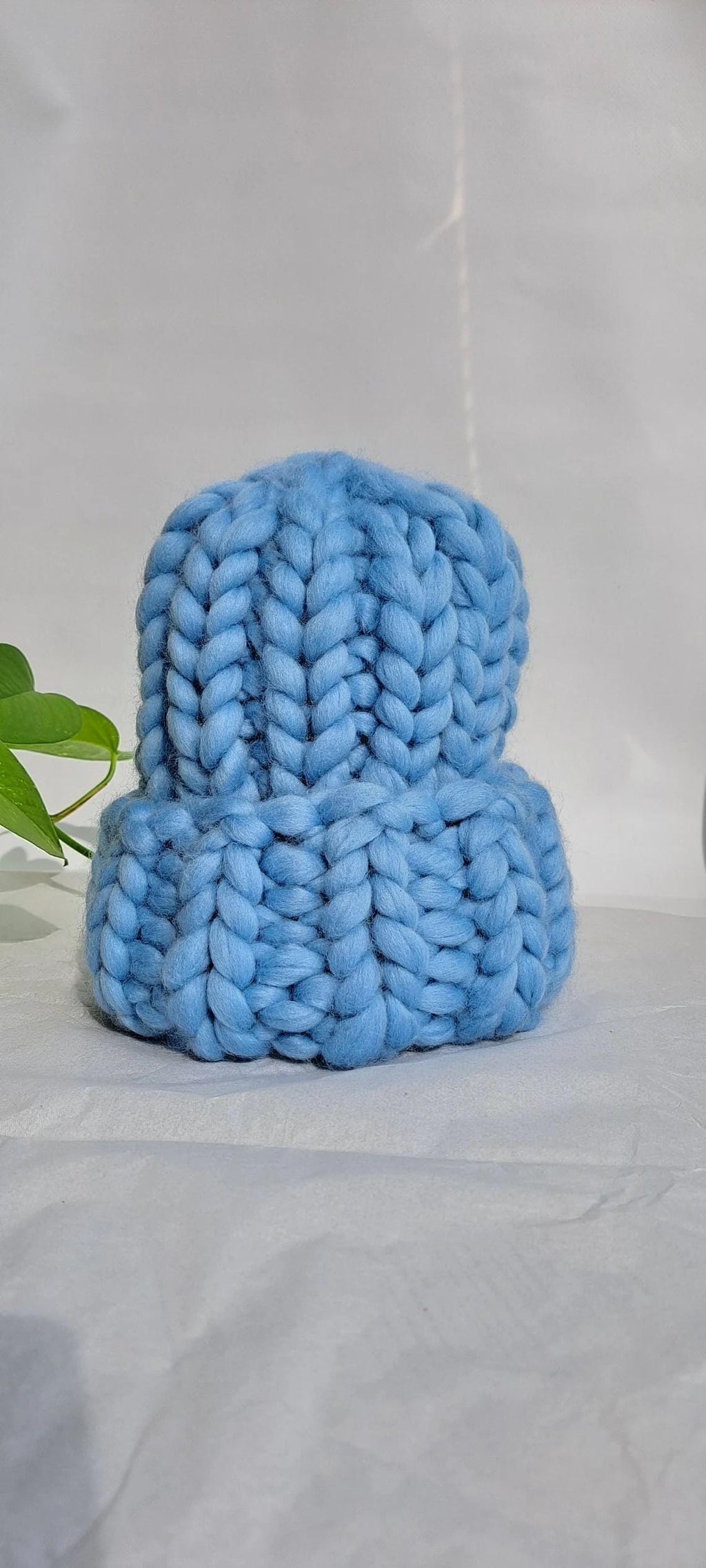 Women's Merino Wool Chunky Knit Beanie: Dark Blue Pom Pom Hat