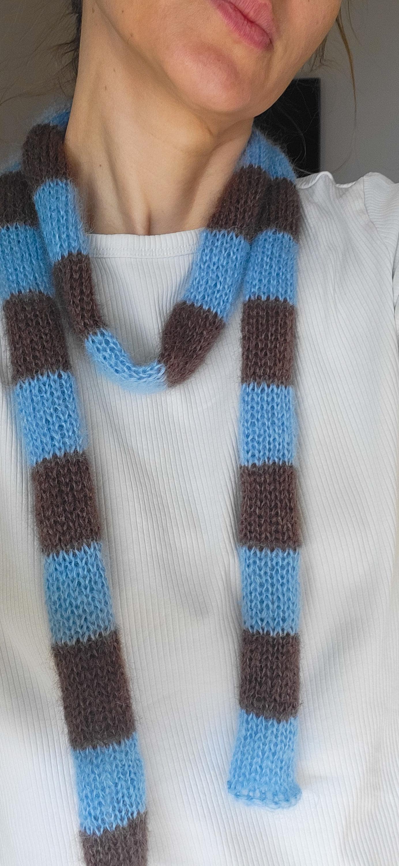 Mohair Silk Mini Scarf – Blue Brown Stripes, Hand-Knitted Accessory