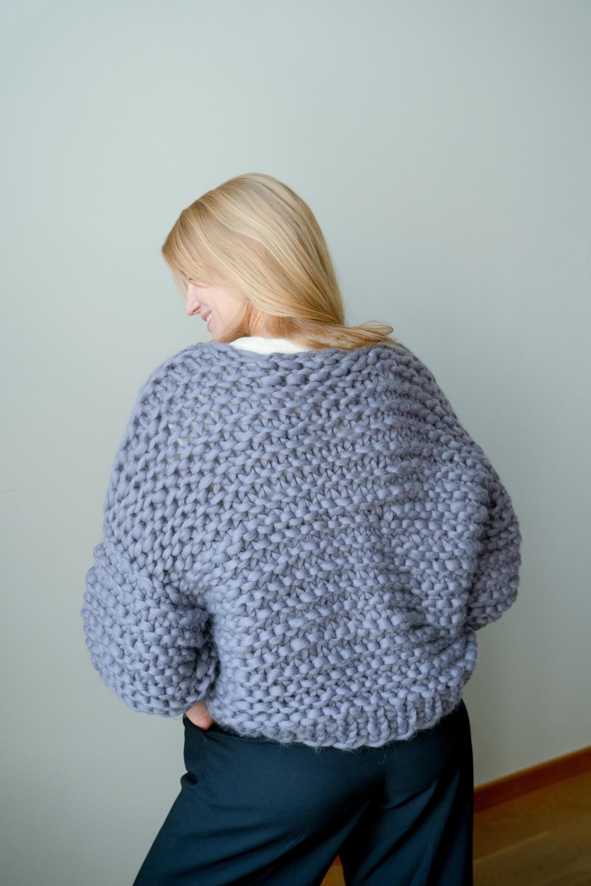 Handmade Chunky Knit Wool Cardigan: Oversized Steel Sweater