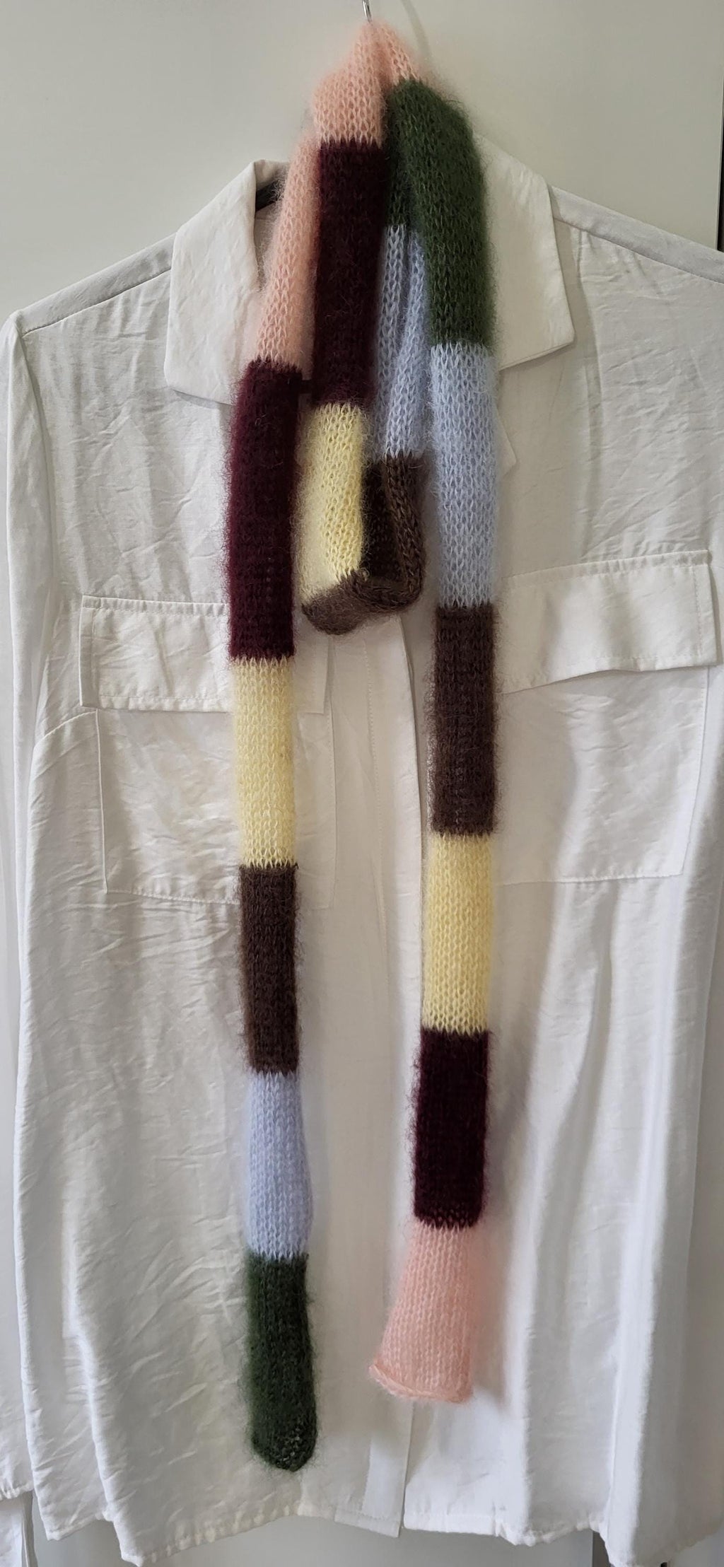 Hand-Knitted Mohair Silk Mini Scarf, Multicolored Striped Neck Scarf