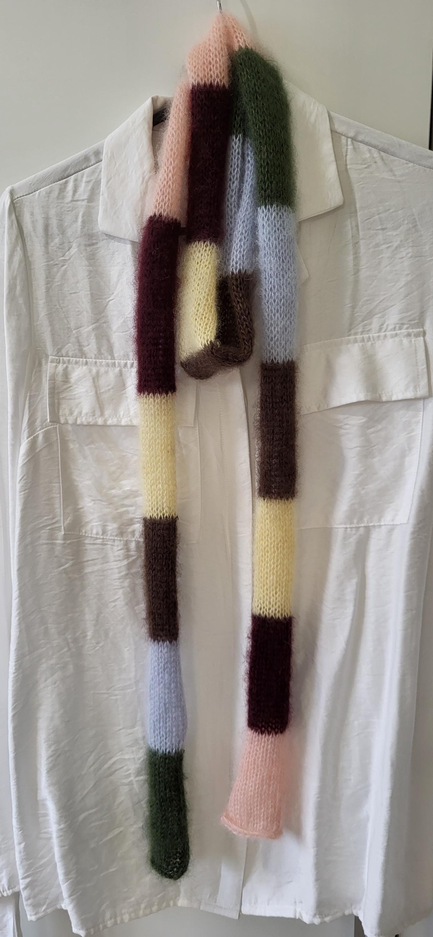 Hand-Knitted Mohair Silk Mini Scarf, Multicolored Striped Neck Scarf
