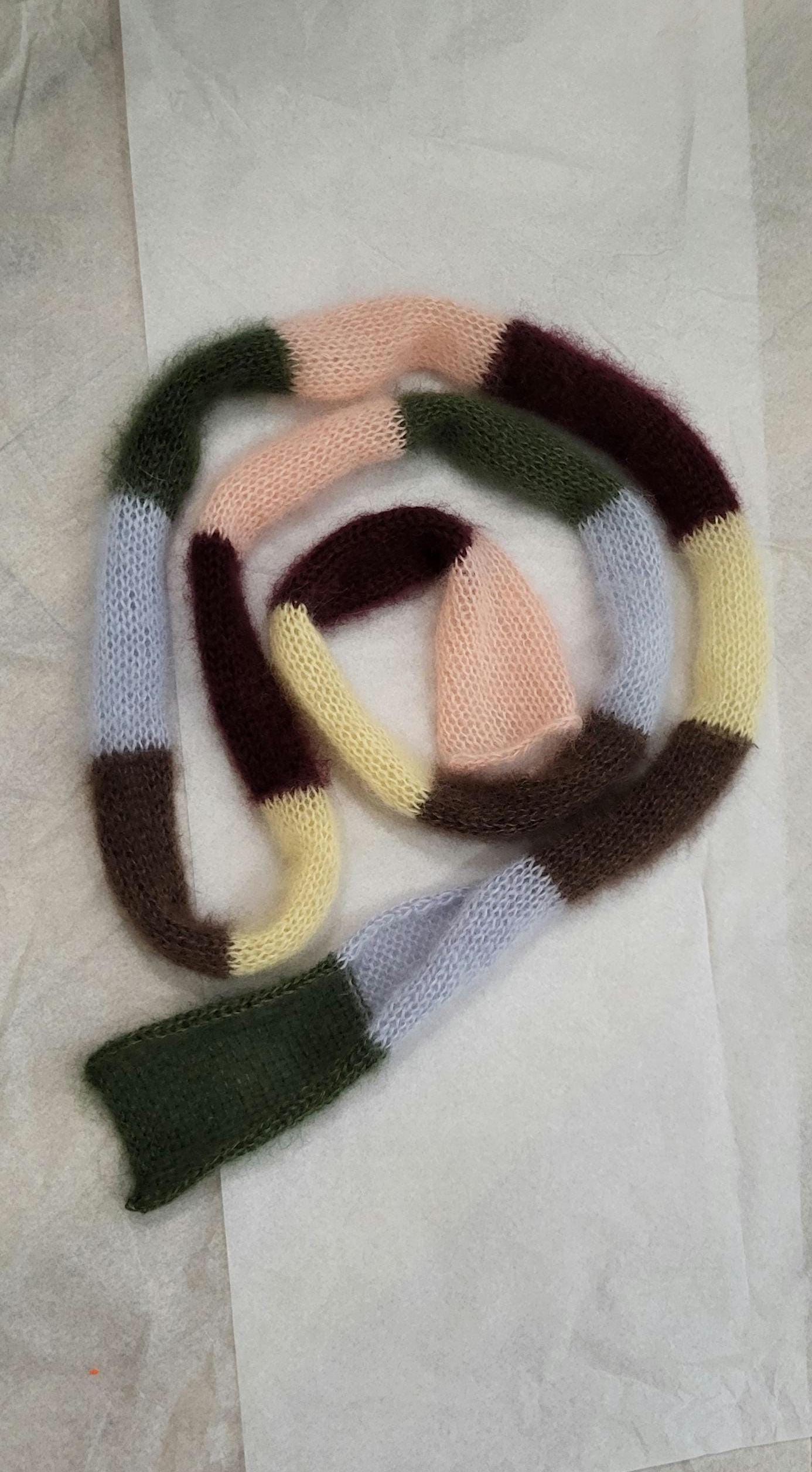 Hand-Knitted Mohair Silk Mini Scarf, Multicolored Striped Neck Scarf