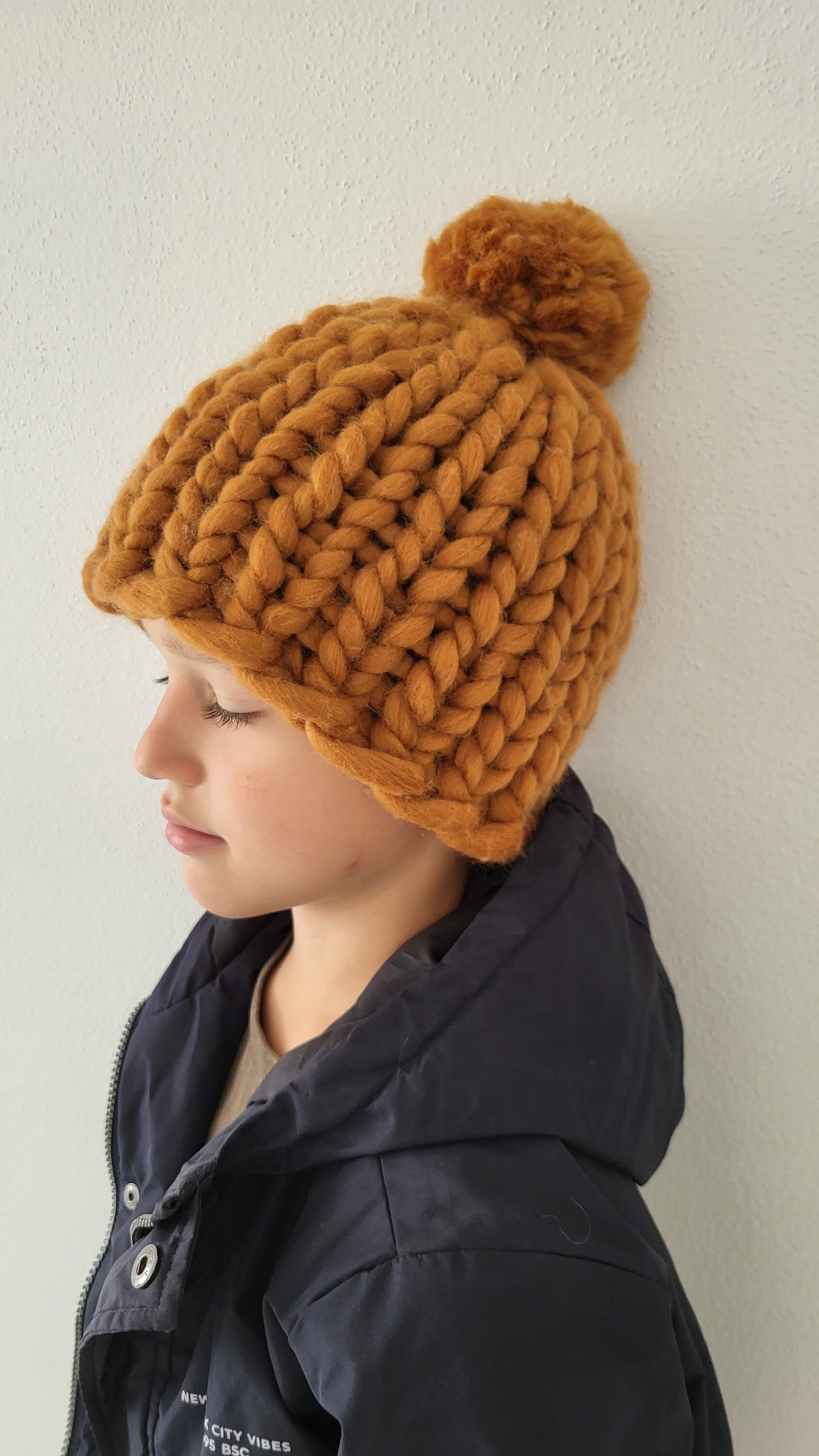 Hand Knitted Merino Wool Kids Pom-Pom Hat (3-10 Years)