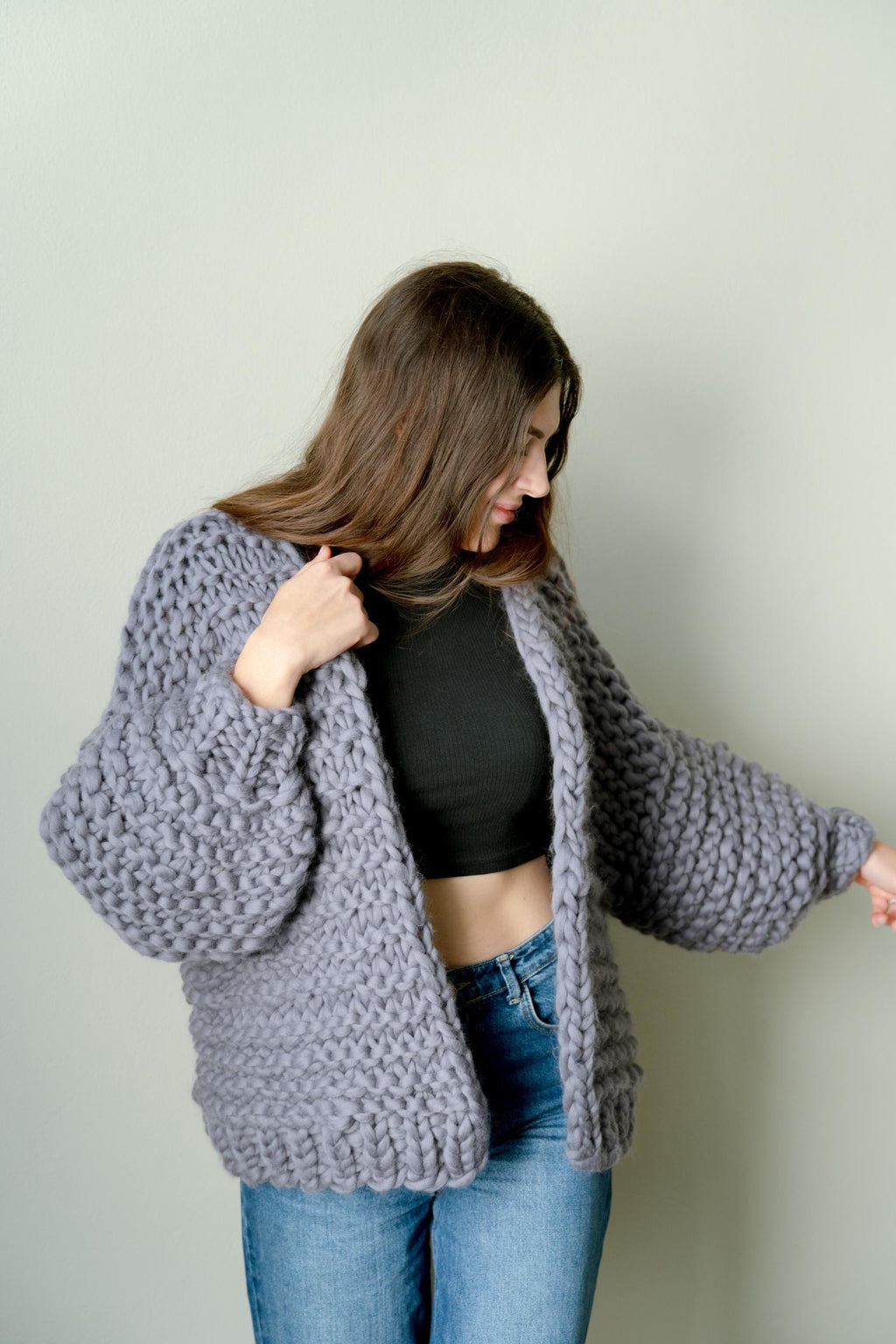 Handmade Chunky Knit Wool Cardigan: Oversized Steel Sweater