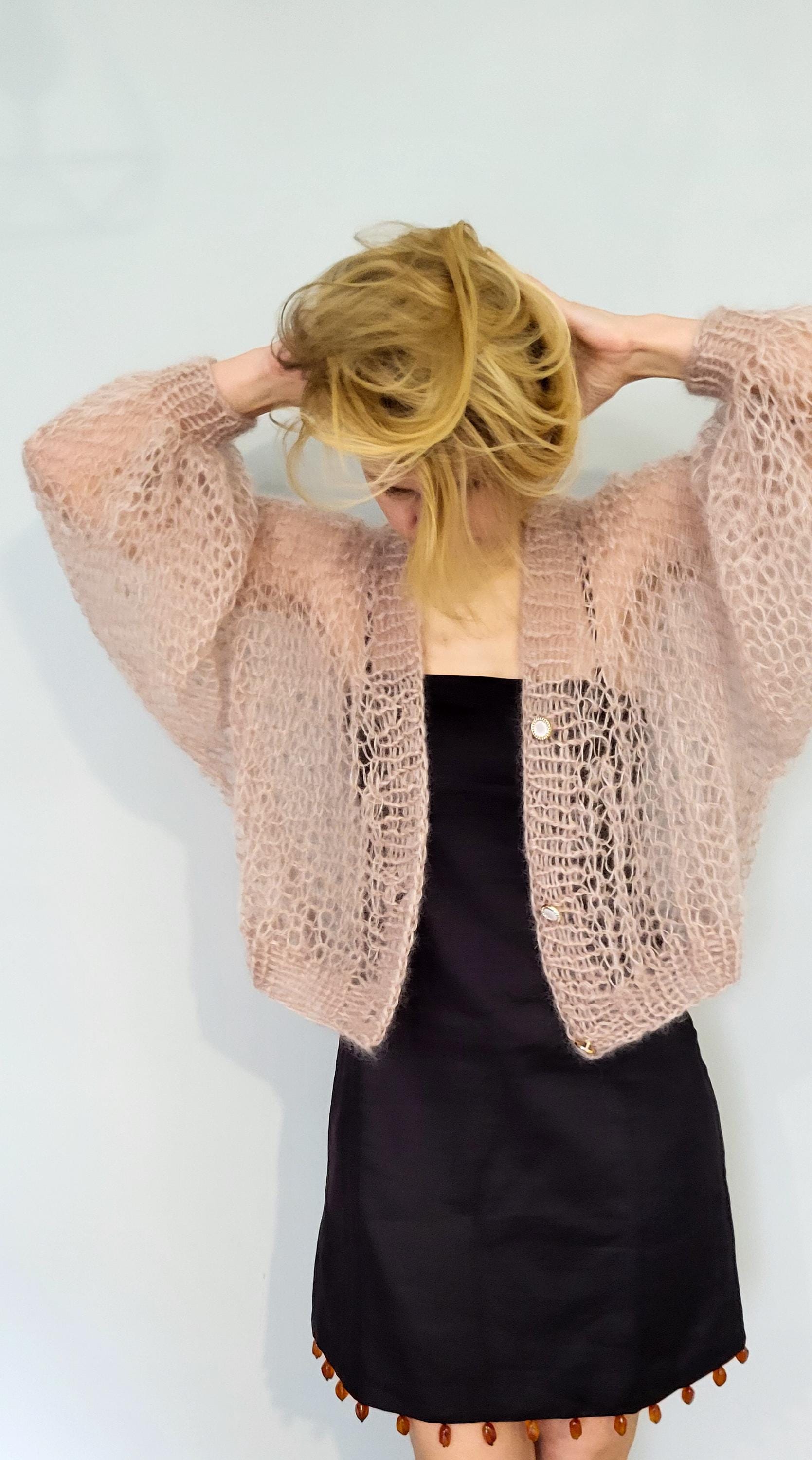 Hand Knit Mohair Silk Crop Cardigan, Elegant Evening Bolero Shrug