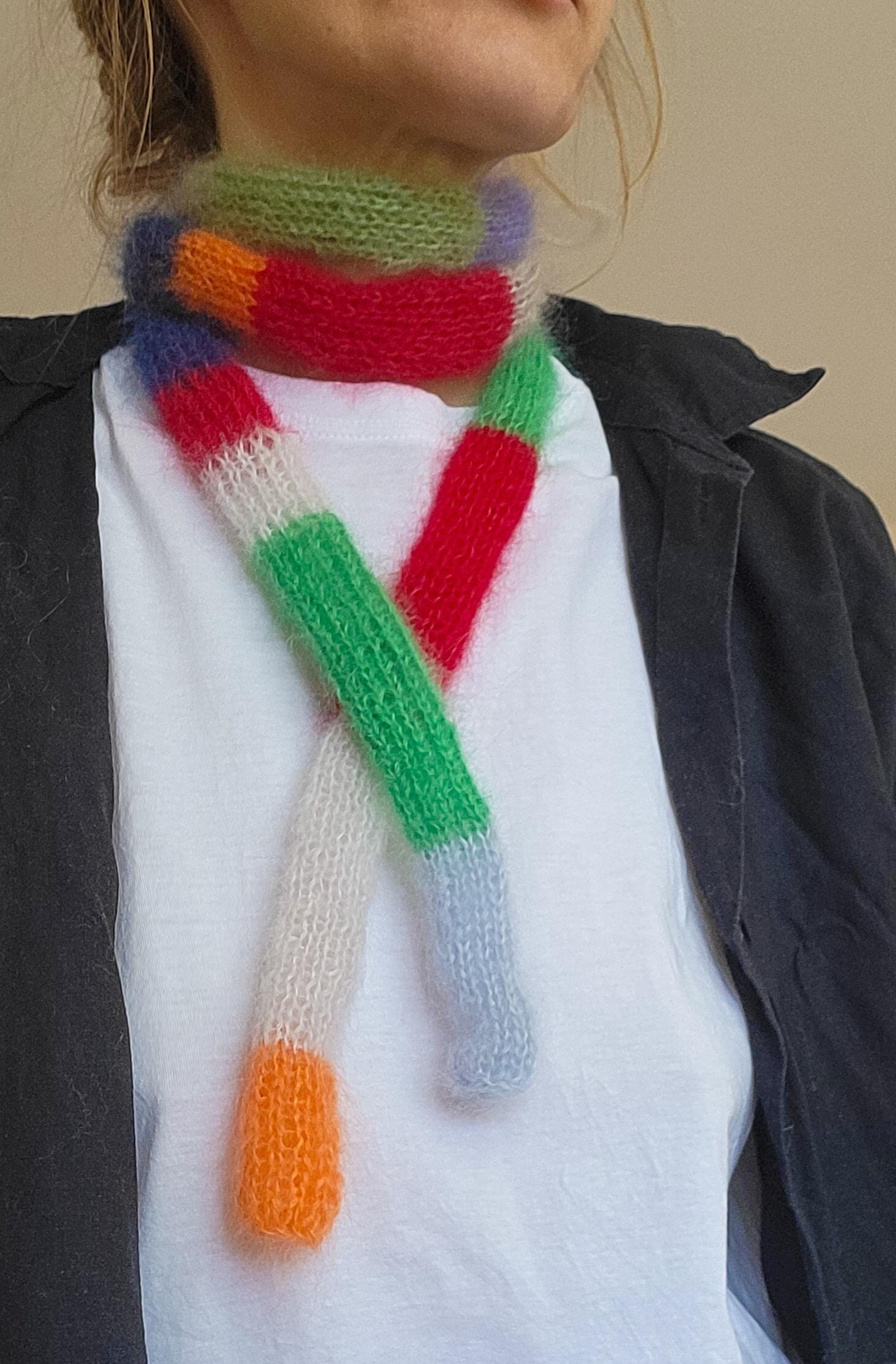 Mini Mohair Silk Scarf: Skinny Multicolored Striped Neck Scarf