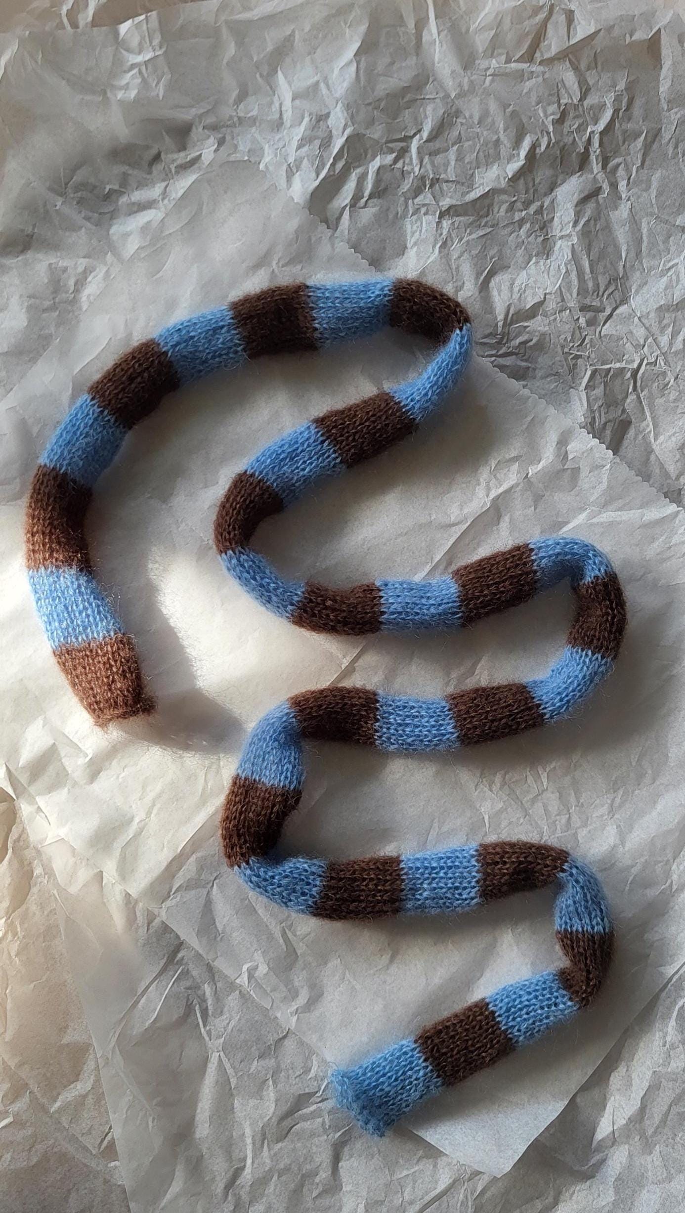 Mohair Silk Mini Scarf – Blue Brown Stripes, Hand-Knitted Accessory